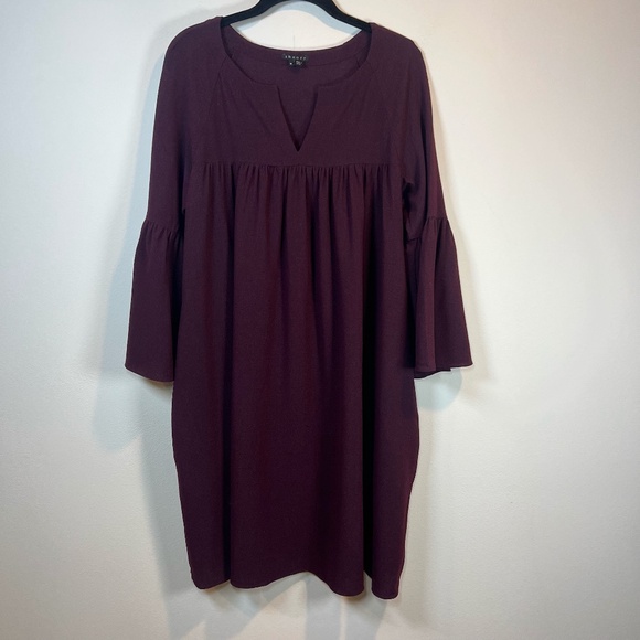 Theory Women's Wool Blend Baby Doll Dress Burgundy V-Neck Bell Sleeves Sz Medium - Picture 1 of 11